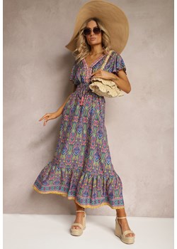 Różowo-Niebieska Rozkloszowana Sukienka w Etniczny Wzór z Krótkim Rękawem i Gumką w Pasie Zorisa ze sklepu Renee odzież w kategorii Sukienki - zdjęcie 171439229