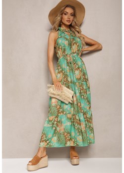 Zielona Sukienka w Stylu Boho z Gumką w Talii i Ozdobnym Wiązaniem Piofara ze sklepu Renee odzież w kategorii Sukienki - zdjęcie 171439235