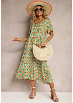 Zielono-Pomarańczowa Rozkloszowana Sukienka z Wiskozy Ozdobiona Mozaikowym Printem Elleda ze sklepu Renee odzież w kategorii Sukienki - zdjęcie 171439338