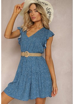 Niebieska Rozkloszowana Sukienka z Bawełny w Kropki z Trójkątnym Dekoltem Riessa ze sklepu Renee odzież w kategorii Sukienki - zdjęcie 171439465