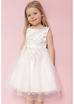 Biała Elegancka Sukienka z Tiulowym Dołem z Brokatem i Kokardą Ilevarpa ze sklepu Born2be Odzież w kategorii Sukienki dziewczęce - zdjęcie 171441988