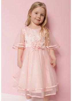Różowa Koronkowa Sukienka z Krótkim Rękawem z Cyrkoniami i Perełkami Mabet ze sklepu Born2be Odzież w kategorii Sukienki dziewczęce - zdjęcie 171442048