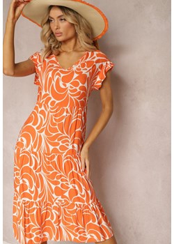 Pomarańczowa Letnia Sukienka z Wiskozy Ozdobiona Szerokimi Falbanami i Ornamentalnym Wzorem Triatis ze sklepu Renee odzież w kategorii Sukienki - zdjęcie 171443495