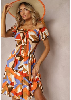 Bezowo-Pomarańczowa Sukienka z Wiskozy o Rozkloszowanym Kroju z Gumką w Talii i Ozdobnymi Guzikami Moonxeena ze sklepu Renee odzież w kategorii Sukienki - zdjęcie 171443525