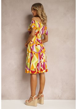 Żółto-Różowa Sukienka z Wiskozy o Rozkloszowanym Kroju z Gumką w Talii i Ozdobnymi Guzikami Moonxeena ze sklepu Renee odzież w kategorii Sukienki - zdjęcie 171443527