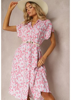 Różowa Rozkloszowana Bawełniana Sukienka z Guzikami i Wsuwanymi Kieszeniami Tesafina ze sklepu Renee odzież w kategorii Sukienki - zdjęcie 171443555