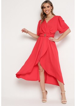 Czerwona Rozkloszowana Sukienka Kopertowa z Gumką w Talii i Ozdobnym Paskiem Vasena ze sklepu Born2be Odzież w kategorii Sukienki - zdjęcie 171463106