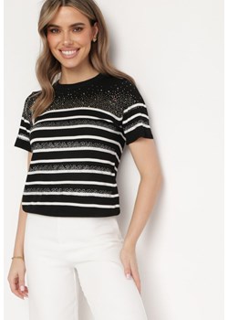 Czarno-Biały Wiskozowy T-shirt w Paski z Cyrkoniami Pionelle ze sklepu Born2be Odzież w kategorii Bluzki damskie - zdjęcie 171463167