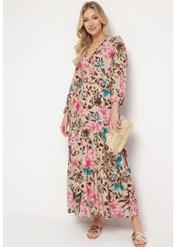 Beżowo-Różowa Wiskozowa Sukienka z Kopertowym Dekoltem i Falbanką Nrinesa ze sklepu Born2be Odzież w kategorii Sukienki - zdjęcie 171491857