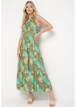 Zielona Taliowana Sukienka w Kwiaty z Gumką w Pasie i Wiązaniem przy Szyi Lusaria ze sklepu Born2be Odzież w kategorii Sukienki - zdjęcie 171491906