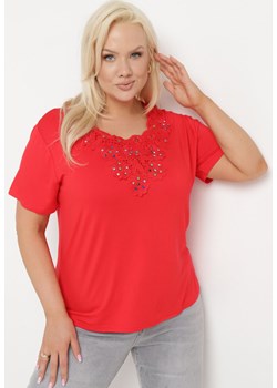 Czerwony T-shirt Koszulka z Krótkim Rękawem z Dekoltem Ozdobionym Koronką i Cyrkoniami Novilla ze sklepu Born2be Odzież w kategorii Bluzki damskie - zdjęcie 171514499