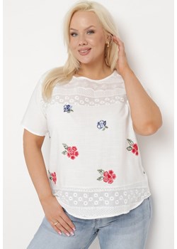 Biały T-shirt Bluzka z Krótkim Rękawem z Ozdobnym HaftemTesagia ze sklepu Born2be Odzież w kategorii Bluzki damskie - zdjęcie 171514548