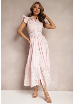 Różowa Koszulowa Sukienka z Ażurowym Zdobieniem i Paskiem z Prostokątną Klamrą Trika ze sklepu Renee odzież w kategorii Sukienki - zdjęcie 171523648