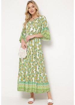 Zielona Sukienka Bawełniana Hiszpanka Ozdobiona Wzorem Paisley z Gumką w Pasie Vatina ze sklepu Born2be Odzież w kategorii Sukienki - zdjęcie 171545467