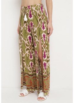 Zielono-Fioletowe Wiskozowe Spodnie w Ornamentalny Print z Wycięciami na Szerokich Nogawkach Rioleth ze sklepu Born2be Odzież w kategorii Spodnie damskie - zdjęcie 171545689