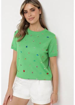 Zielony Wiskozowy T-shirt Ozdobiony Cyrkoniami Nililena ze sklepu Born2be Odzież w kategorii Bluzki damskie - zdjęcie 171552325