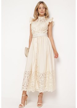 Beżowa Sukienka Ażurowa o Koszulowym Kroju z Paskiem z Ekoskóry Trija ze sklepu Born2be Odzież w kategorii Sukienki - zdjęcie 171552575