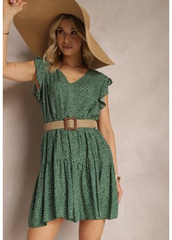 Ciemnozielona Rozkloszowana Sukienka z Bawełny w Kropki z Trójkątnym Dekoltem Riessa ze sklepu Renee odzież w kategorii Sukienki - zdjęcie 171553227