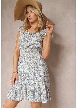 Biało-Niebieska Sukienka w Kwiatowy Wzór z Gumką w Talii i Wiązaniem przy Dekolcie Tovilla ze sklepu Renee odzież w kategorii Sukienki - zdjęcie 171553276
