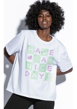 T-shirt damski z aplikacją F1821, Kolor biały-wzór, Rozmiar S/M, Fobya ze sklepu Primodo w kategorii Bluzki damskie - zdjęcie 171566465