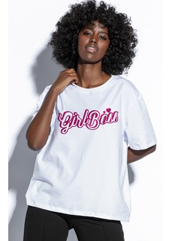 T-shirt damski na krótki rękaw z aplikacją F1823, Kolor biały-wzór, Rozmiar S/M, Fobya ze sklepu Primodo w kategorii Bluzki damskie - zdjęcie 171566466