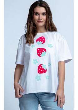 T-shirt damski z aplikacja truskawki F1827, Kolor biały-wzór, Rozmiar S/M, Fobya ze sklepu Primodo w kategorii Bluzki damskie - zdjęcie 171566467