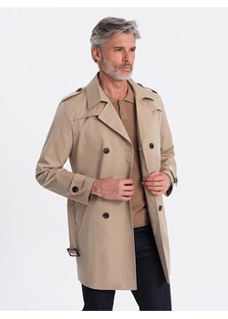 Trencz męski elegancki płaszcz SLIM FIT z paskiem - beżowy V1 OM-COSC-0111 ze sklepu ombre w kategorii Płaszcze męskie - zdjęcie 171577926