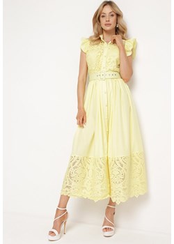 Żółta Sukienka Ażurowa o Koszulowym Kroju z Paskiem z Ekoskóry Trija ze sklepu Born2be Odzież w kategorii Sukienki - zdjęcie 171582549