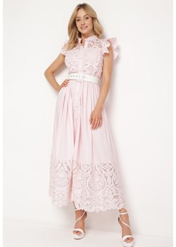 Różowa Sukienka Ażurowa o Koszulowym Kroju z Paskiem z Ekoskóry Trija ze sklepu Born2be Odzież w kategorii Sukienki - zdjęcie 171582556