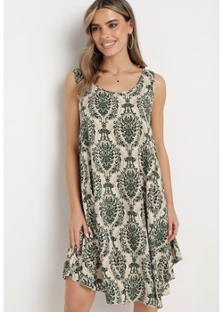 Beżowo-Zielona Rozkloszowana Sukienka z Bawełny bez Rękawów Horrilla ze sklepu Born2be Odzież w kategorii Sukienki - zdjęcie 171582619
