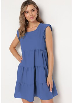 Niebieska Rozkloszowana Sukienka z Falbankami Zapinana przy Szyi Rettesa ze sklepu Born2be Odzież w kategorii Sukienki - zdjęcie 171582659