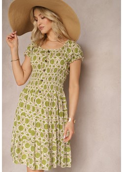 Zielona Sukienka Hiszpanka z Wiskozy z Gumką w Pasie i Ozdobnymi Guzikami Sunalla ze sklepu Renee odzież w kategorii Sukienki - zdjęcie 171583346