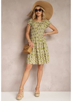 Zielona Sukienka Hiszpanka z Wiskozy z Gumką w Pasie i Ozdobnymi Guzikami Sunalla ze sklepu Renee odzież w kategorii Sukienki - zdjęcie 171583347