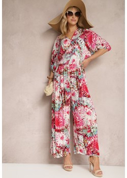 Różowo-Biały Wiskozowy Kombinezon w Stylu Boho z Gumkami w Pasie i Wiązaniem Sunilla ze sklepu Renee odzież w kategorii Kombinezony damskie - zdjęcie 171583376
