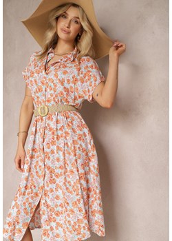 Pomarańczowo-Niebieska Rozkloszowana Bawełniana Sukienka z Guzikami i Wsuwanymi Kieszeniami Tesafina ze sklepu Renee odzież w kategorii Sukienki - zdjęcie 171583516