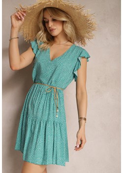Zielona Rozkloszowana Sukienka z Bawełny w Kropki z Trójkątnym Dekoltem Riessa ze sklepu Renee odzież w kategorii Sukienki - zdjęcie 171583556