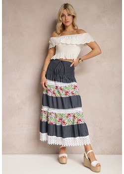 Granatowo-Biała Bawełniana Spódnica High Waist z Gumką w Talii i Ozdobną Koronką Tesaquin ze sklepu Renee odzież w kategorii Spódnice - zdjęcie 171583609