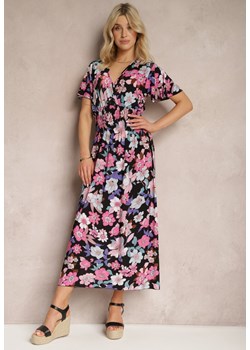 Czarno-Różowa Sukienka z Gumką w Talii z Trójkątnym Dekoltem w Kwiatowy Wzór Nellvia ze sklepu Renee odzież w kategorii Sukienki - zdjęcie 171583619