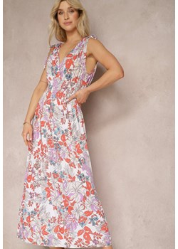 Biało-Różowa Kwiecista Sukienka z Gumką w Talii i Trójkątnym Dekoltem Vialessia ze sklepu Renee odzież w kategorii Sukienki - zdjęcie 171583629