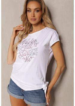 Biały T-shirt z Bawełny Ozdobiony Asymetrycznym Wiązaniem na Dole i Cyrkoniami Timanel ze sklepu Renee odzież w kategorii Bluzki damskie - zdjęcie 171585927