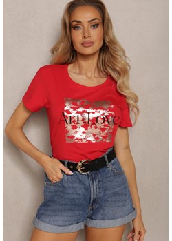 Czerwony T-shirt z Bawełny z Nadrukiem o Metalicznym Połysku Abiana ze sklepu Renee odzież w kategorii Bluzki damskie - zdjęcie 171585937