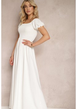 Biała Sukienka z Gumeczkami w Talii i Przy Dekolcie z Rozkloszowanym Dołem Anideta ze sklepu Renee odzież w kategorii Sukienki - zdjęcie 171587559