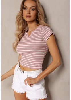 Różowy T-shirt z Bawełny z Krótkim Rękawem i Ozdobnym Wycięciem Relenna ze sklepu Renee odzież w kategorii Bluzki damskie - zdjęcie 171587659