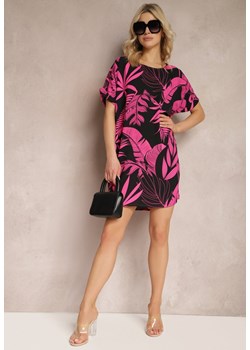 Czarno-Różowa Sukienka z Krótkim Rękawem o Roślinnym Wzorze z Kieszeniami Tiadena ze sklepu Renee odzież w kategorii Sukienki - zdjęcie 171587675