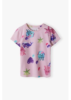 Różowy t-shirt dziewczęcy na lato - kolorowe nadruki - 5.10.15. ze sklepu 5.10.15 w kategorii Bluzki dziewczęce - zdjęcie 171598188