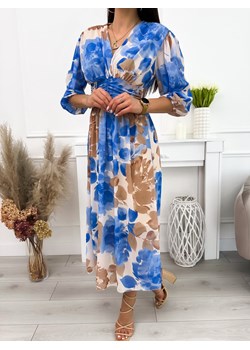Beżowa Sukienka w Niebieskie Kwiaty ze sklepu ModnaKiecka.pl w kategorii Sukienki - zdjęcie 171609705