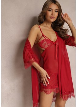 Czerwony Komplet Piżamowy z Siateczki Koszula Nocna Szlafrok Stringi Liamara ze sklepu Renee odzież w kategorii Koszule nocne - zdjęcie 171611197
