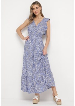 Niebieska Bawełniana Sukienka z Metalicznym Nadrukiem z Gumkami w Pasie z Kopertowym Dekoltem Folia ze sklepu Born2be Odzież w kategorii Sukienki - zdjęcie 171690868