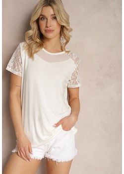 Biały Wiskozowy T-shirt Koszulka z Krótkim Rękawem i Koronką Liada ze sklepu Renee odzież w kategorii Bluzki damskie - zdjęcie 171691765