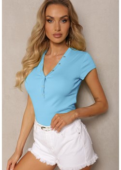 Niebieski T-shirt z Bawełny Koszulka z Krótkim Rękawem z Dekoltem Ozdobionym Napami Fulana ze sklepu Renee odzież w kategorii Bluzki damskie - zdjęcie 171691775